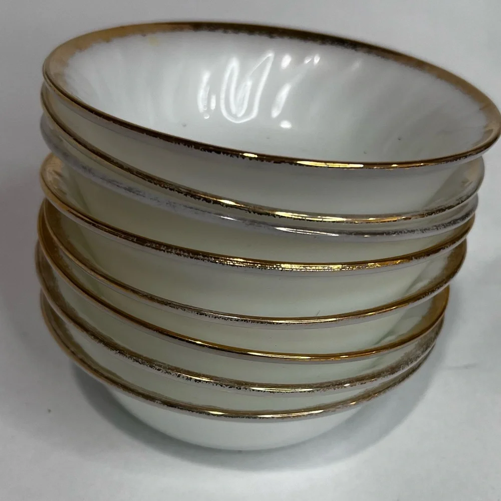 Vintage Fire-King Milk Glass Berry Bowls Set of 8 Gold Trim Swirl USA